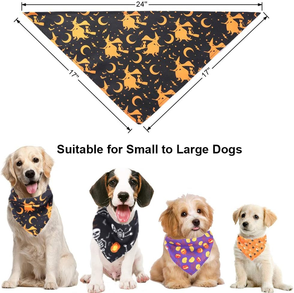 4-Pack Halloween Dog Bandanas - Pumpkin, Ghost, and Witch Designs for Pets