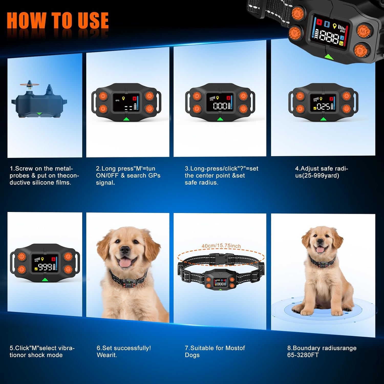 GPS Wireless Dog Containment System with Adjustable Range, IPX7 Waterproof Collar, and 5 Training Modes for Medium to Large Dogs Over 15 lbs