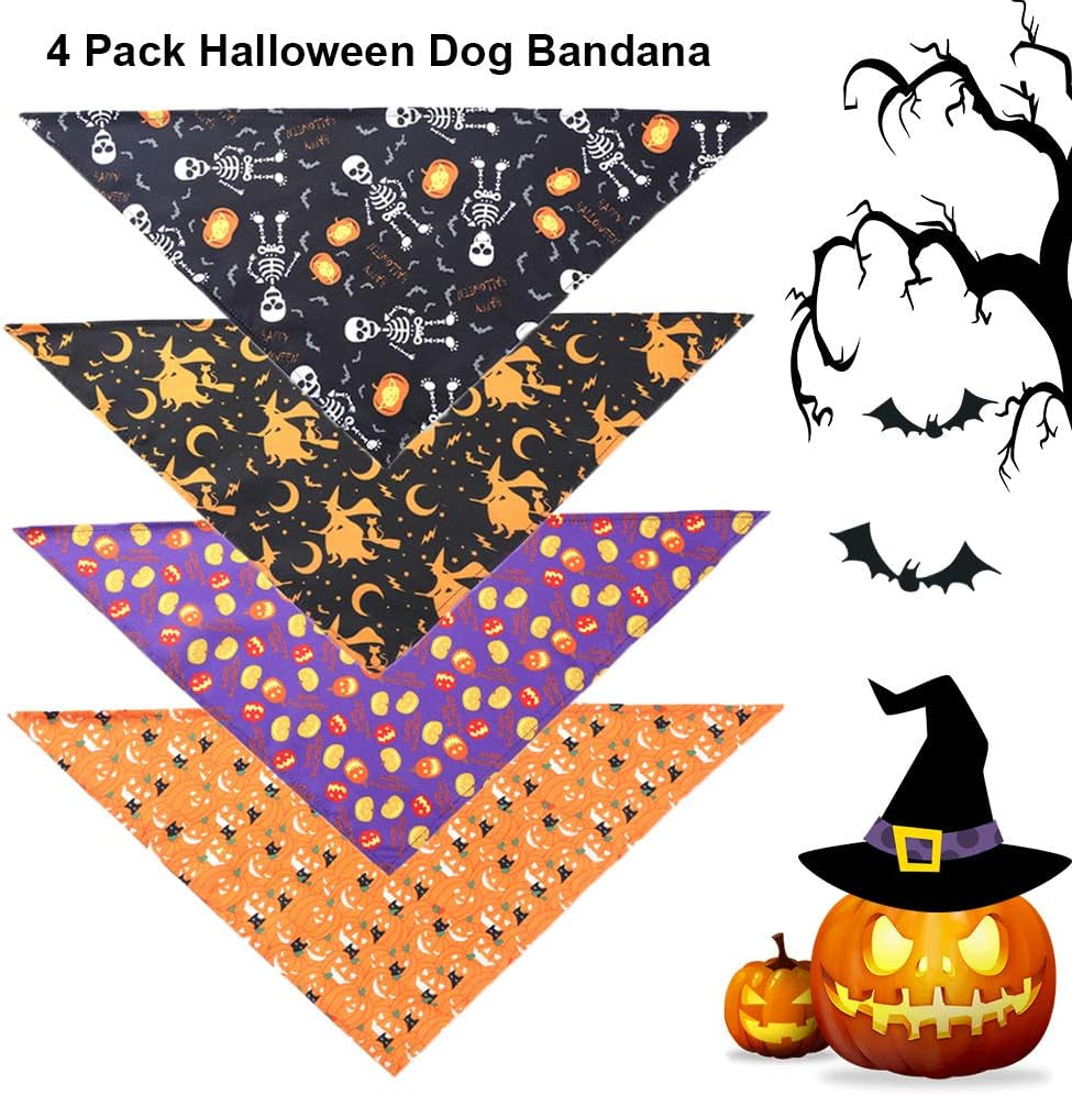 4-Pack Halloween Dog Bandanas - Pumpkin, Ghost, and Witch Designs for Pets