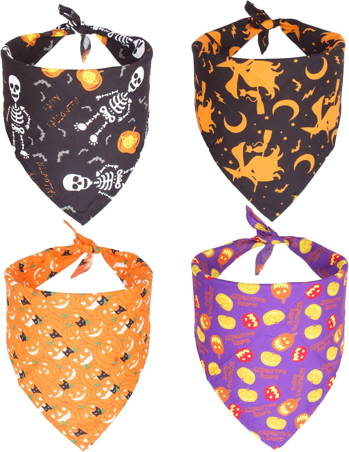 4-Pack Halloween Dog Bandanas - Pumpkin, Ghost, and Witch Designs for Pets