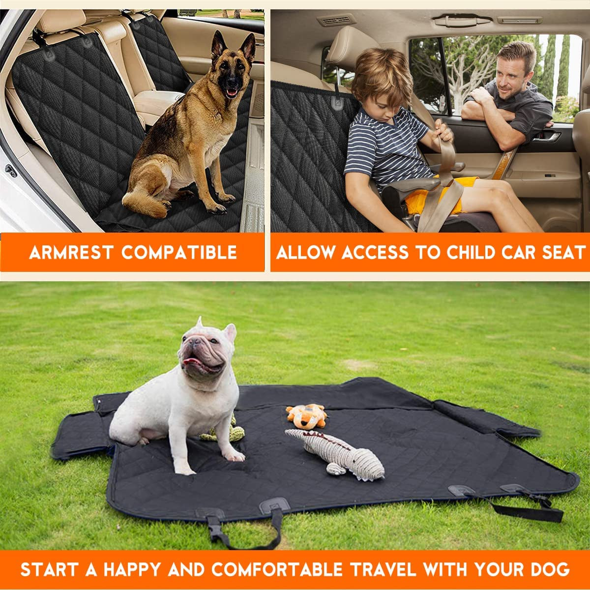 Premium Waterproof Dog Car Seat Cover - Non-Slip Back Seat Protector for Pets, Fits Most Cars, Trucks, and SUVs with Middle Armrest Access - Black